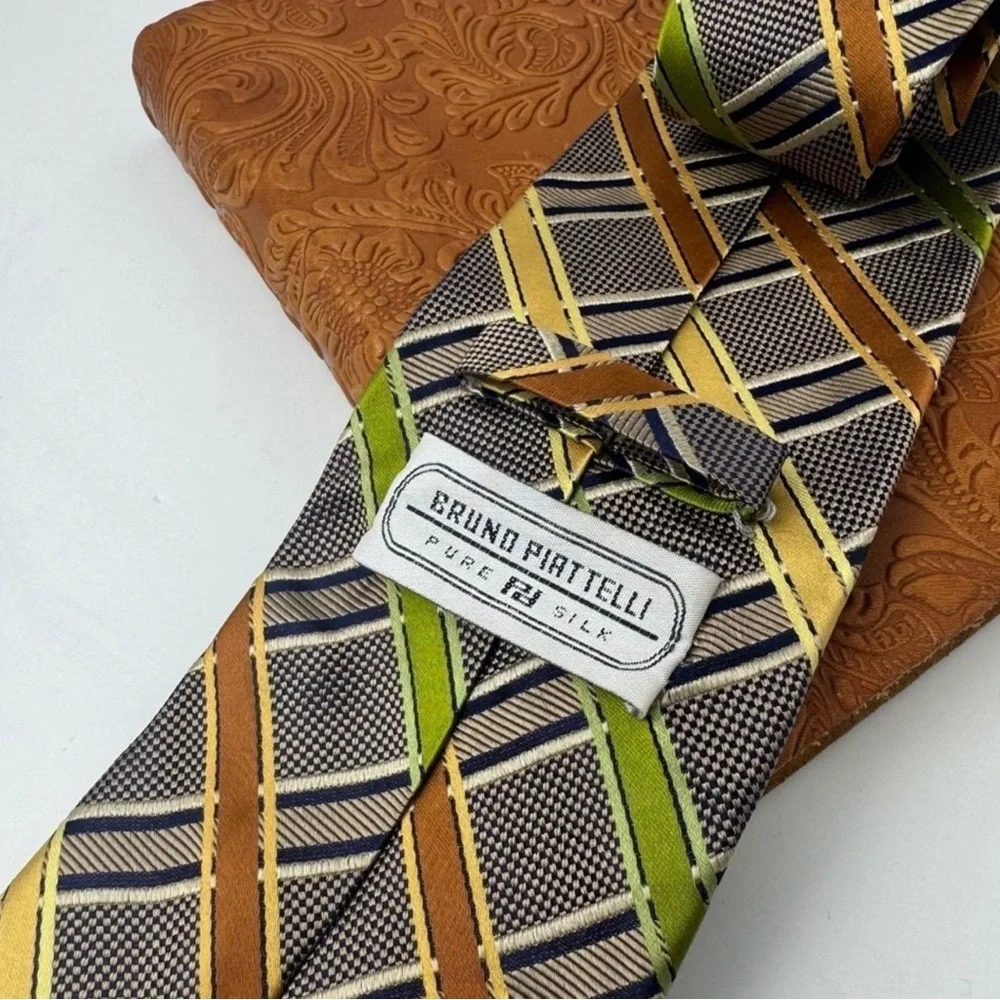 Bruno Piattelli 100% Silk Tie Gold Green Blue Plaid Stripe Made in Italy